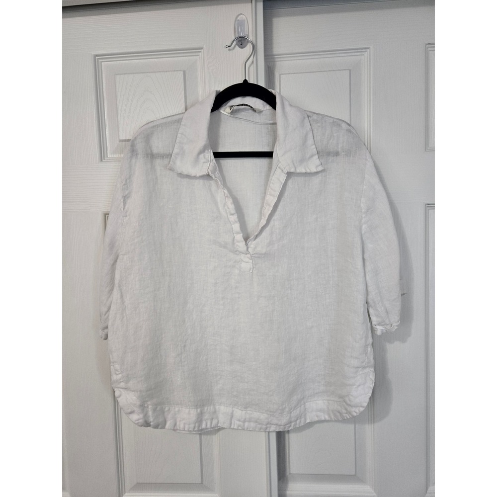 Zara White 100% Linen Split V-Neck Tunic Blouse 3/4 Sleeve Small